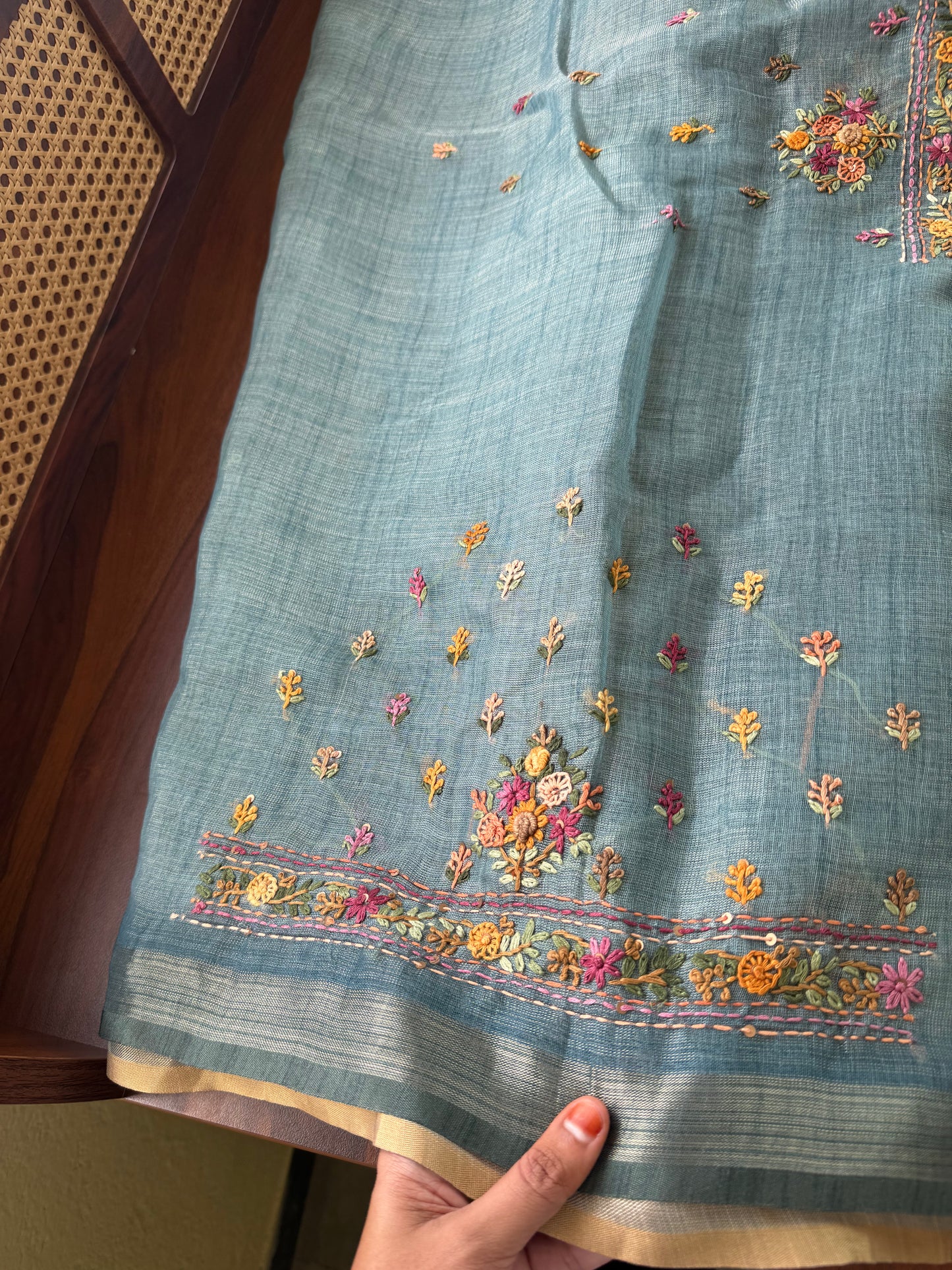 Premium Tissue Linen Sarees with heavy blouse - Blue