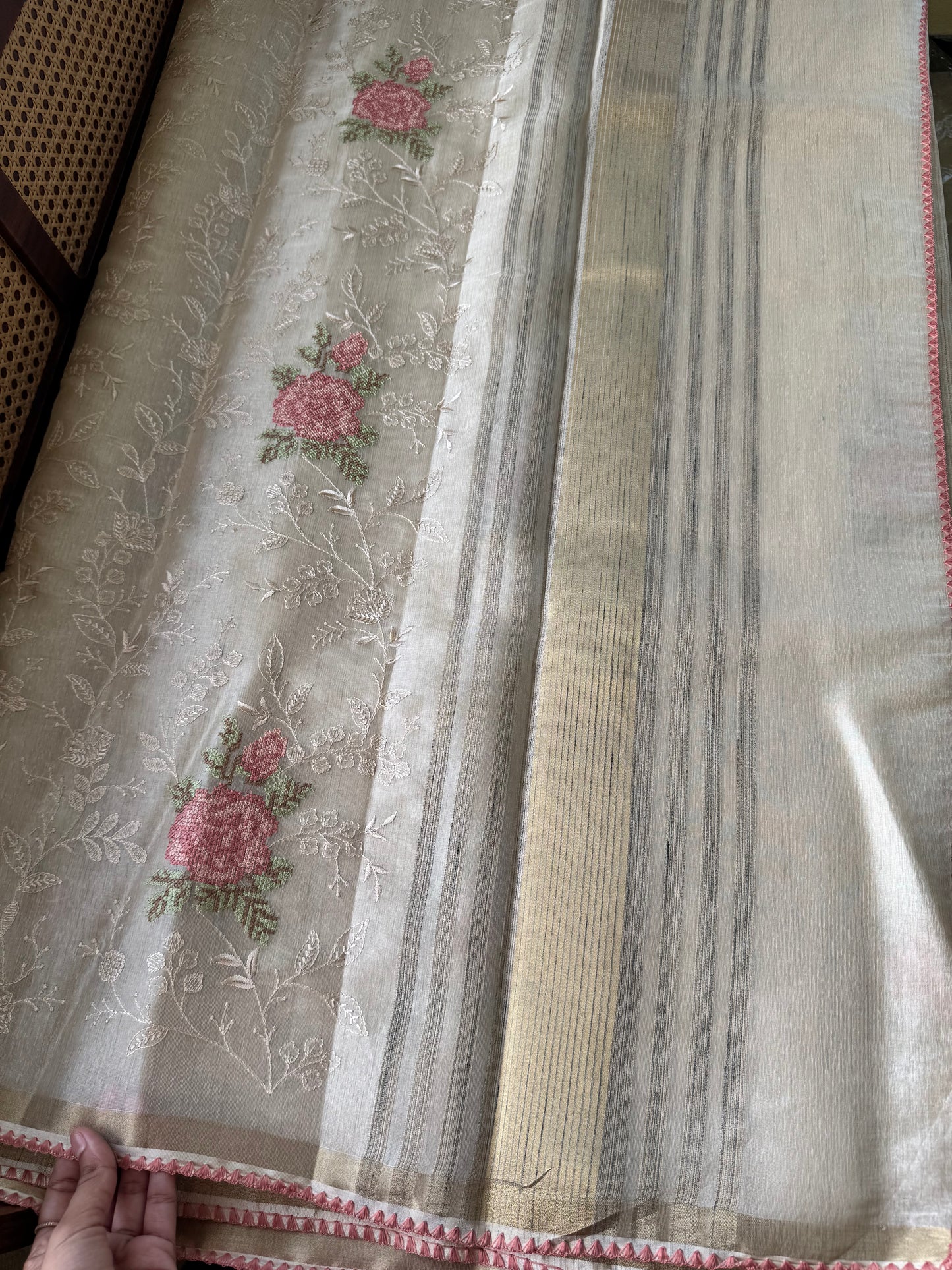 Mul Chanderi Tissue Saree with appliqué - Half white & Peach