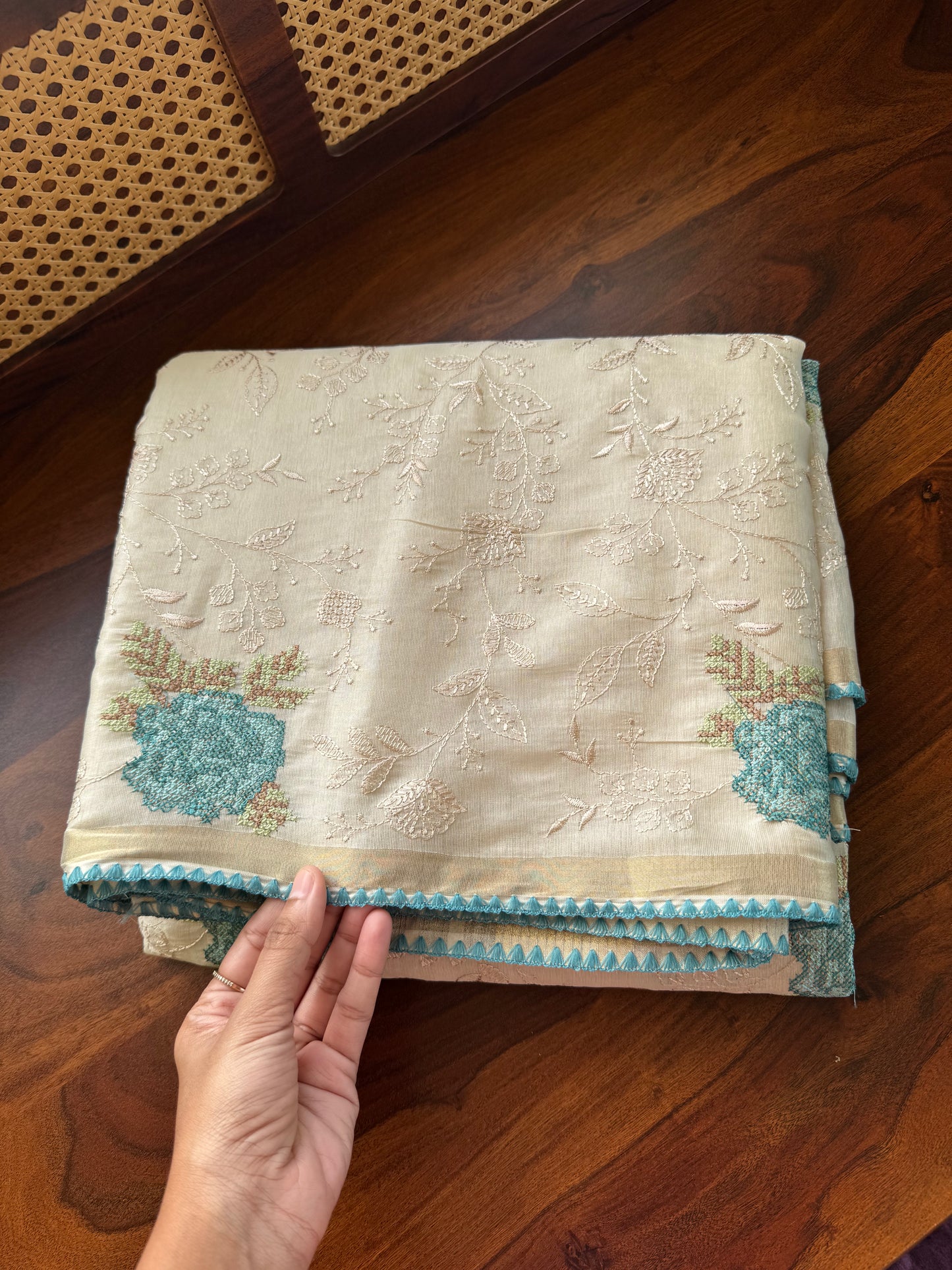 Mul Chanderi Tissue Saree with appliqué - Half white & Blue