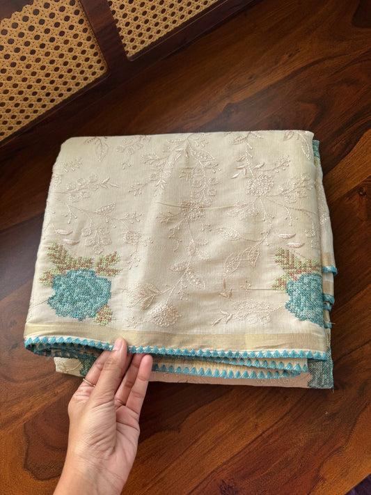 Mul Chanderi Tissue Saree with appliqué - Half white & Blue