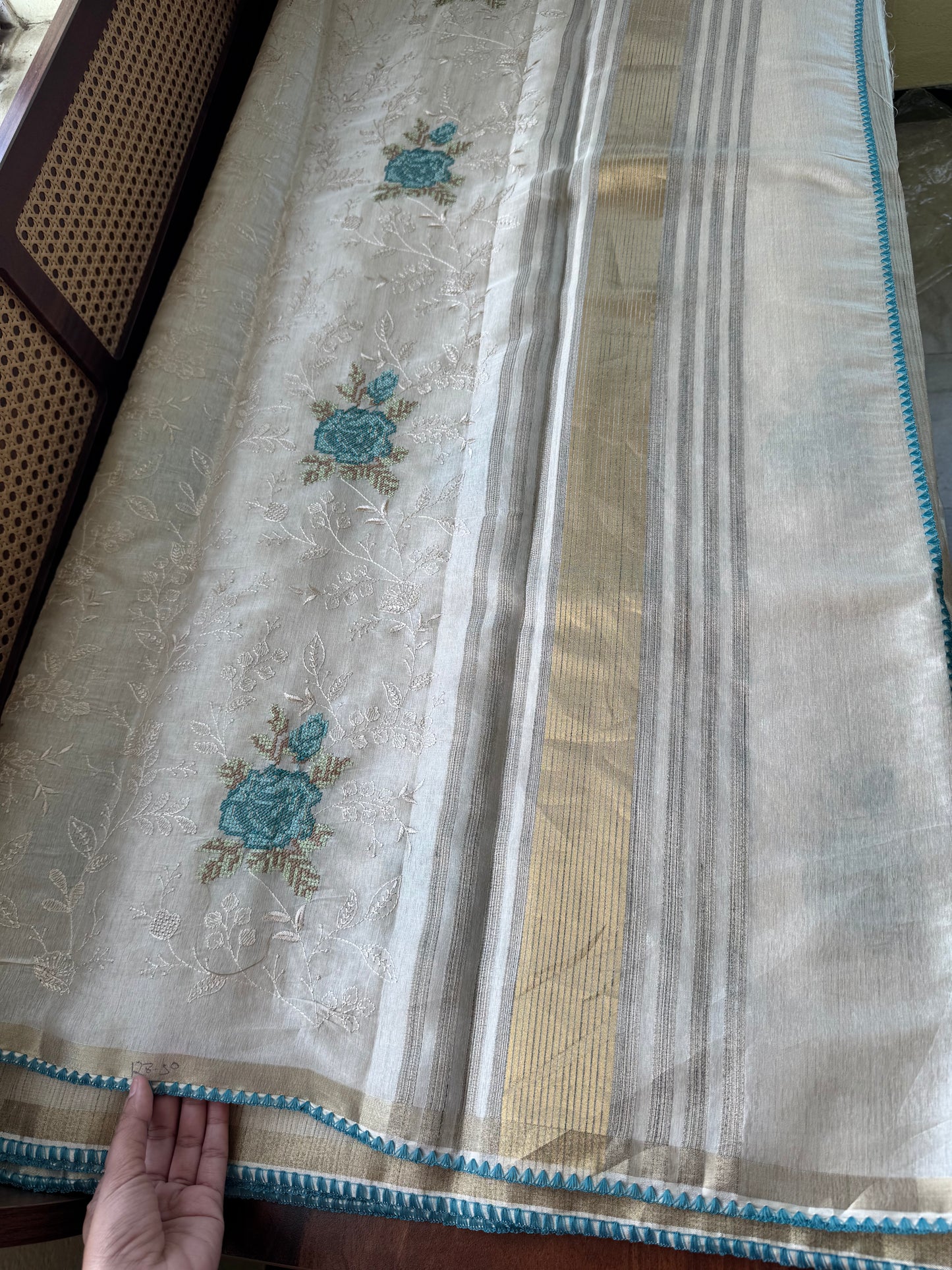 Mul Chanderi Tissue Saree with appliqué - Half white & Blue