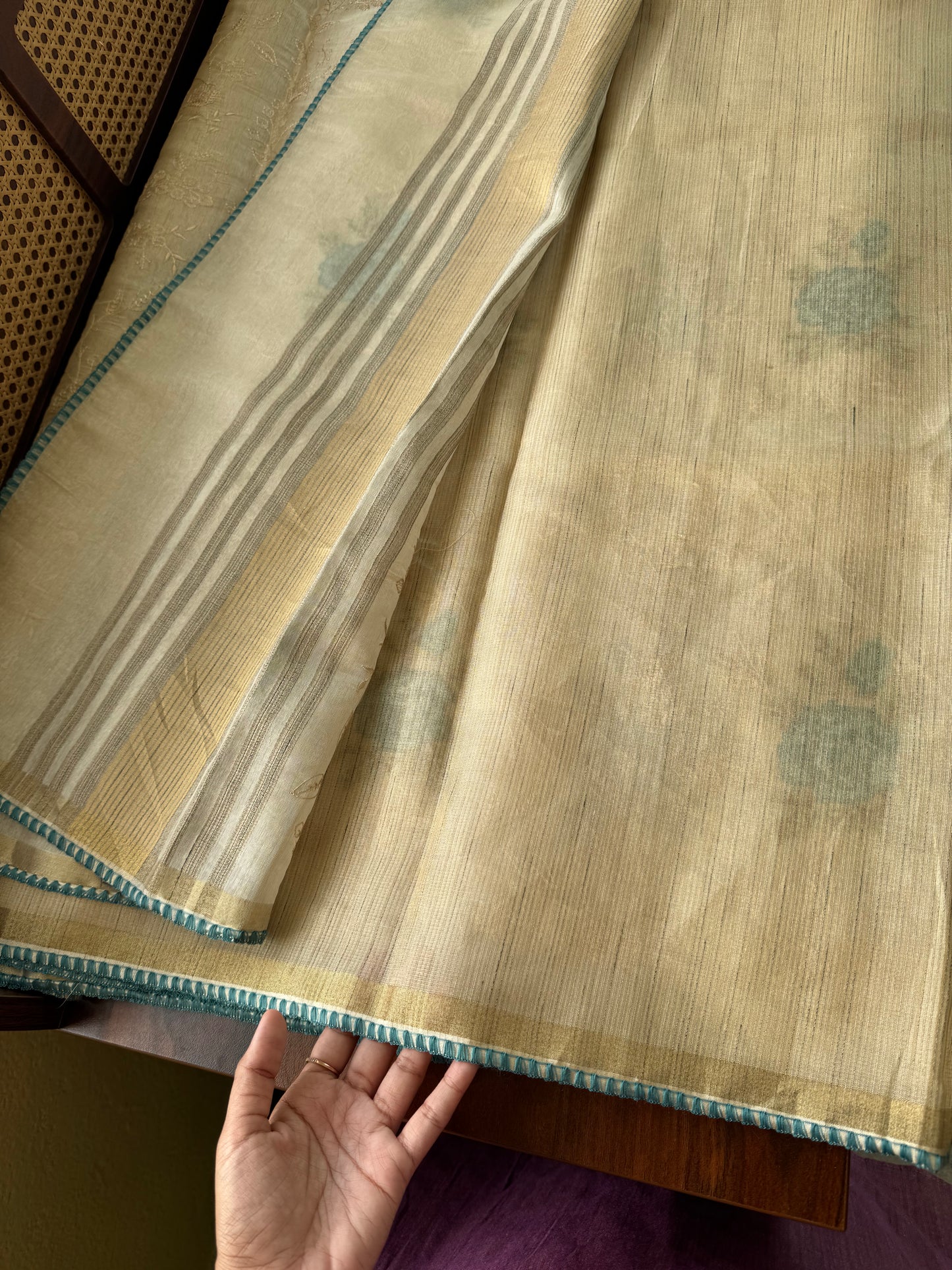 Mul Chanderi Tissue Saree with appliqué - Half white & Blue