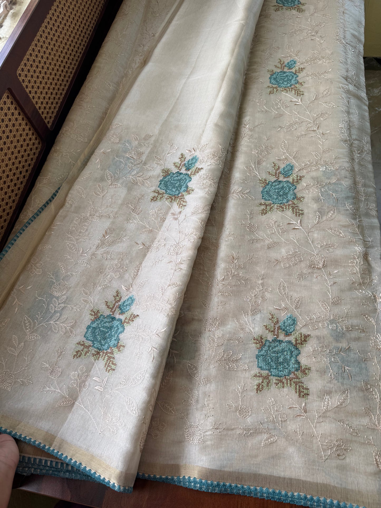 Mul Chanderi Tissue Saree with appliqué - Half white & Blue
