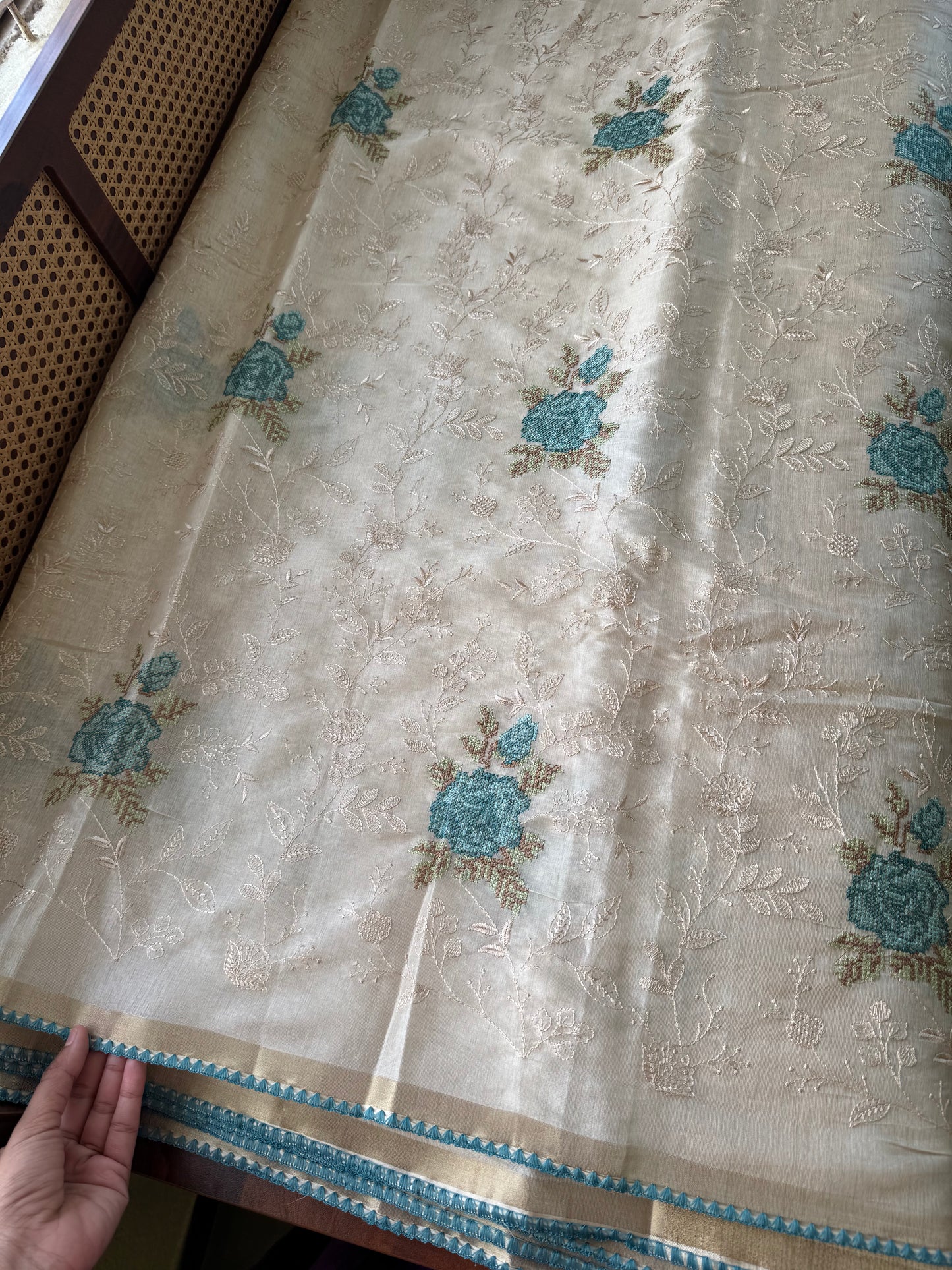 Mul Chanderi Tissue Saree with appliqué - Half white & Blue