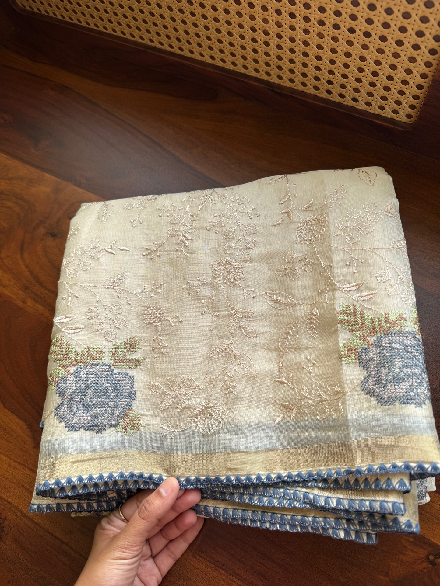 Mul Chanderi Tissue Saree with appliqué - Half white & Navy Blue