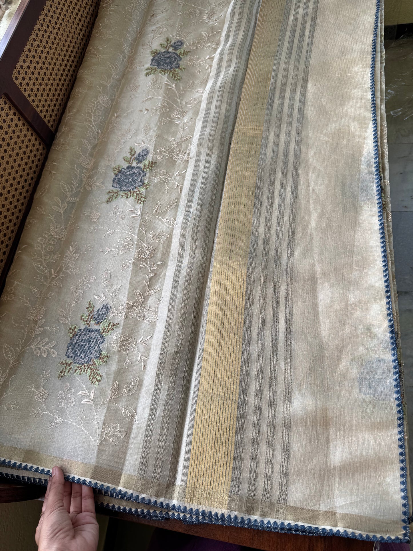 Mul Chanderi Tissue Saree with appliqué - Half white & Navy Blue