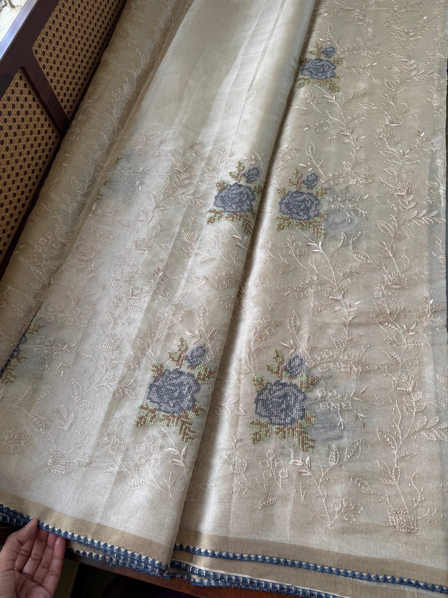 Mul Chanderi Tissue Saree with appliqué - Half white & Navy Blue