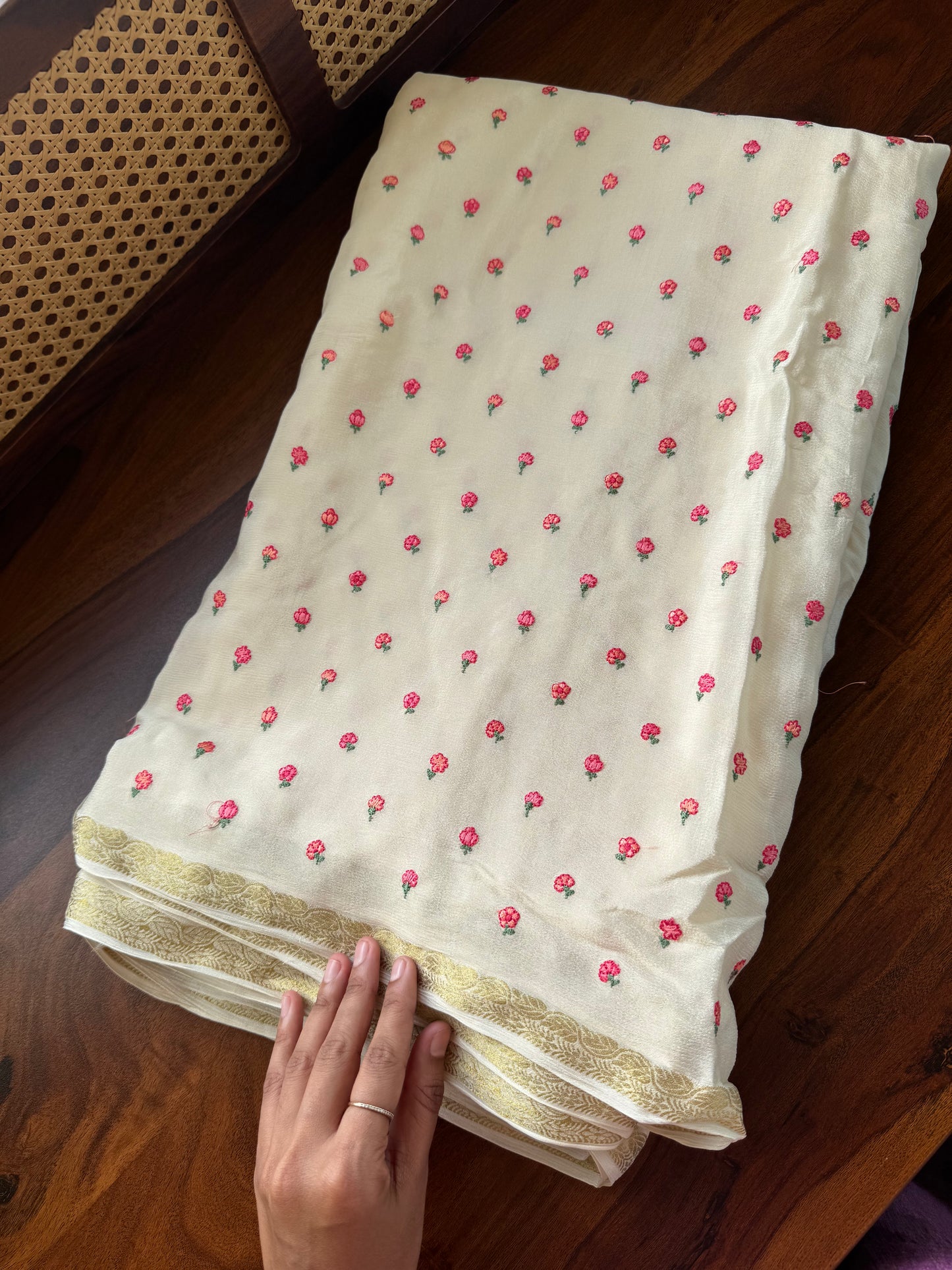 Soft Chinoon Saree - Half whites & Pink Floral