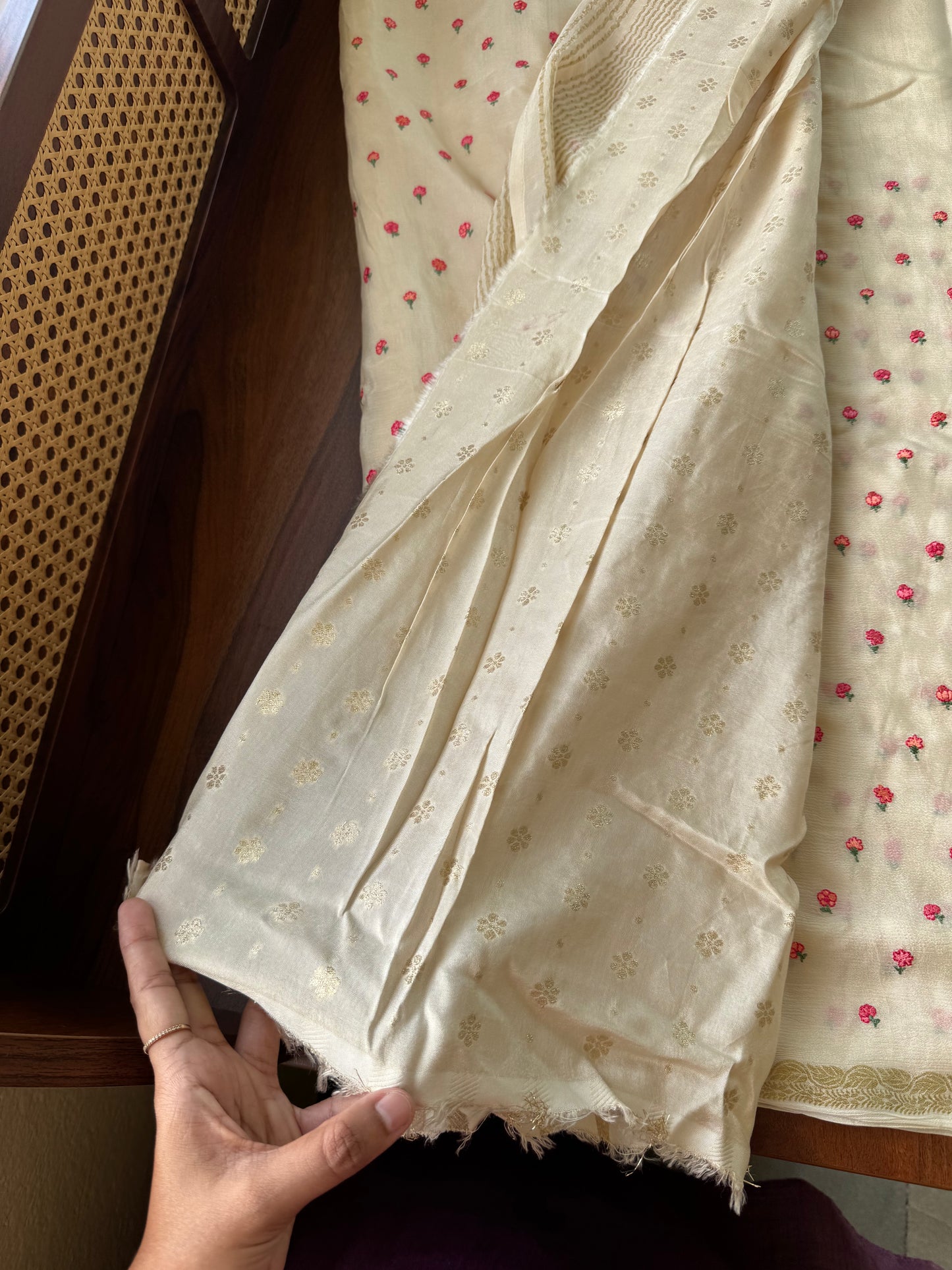 Soft Chinoon Saree - Half whites & Pink Floral