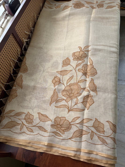 Premium Tissue Linen Sarees with appliqué work -Half White & Mustard Yellow