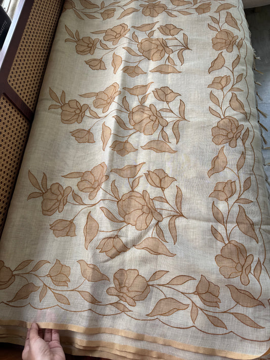 Premium Tissue Linen Sarees with appliqué work -Half White & Mustard Yellow