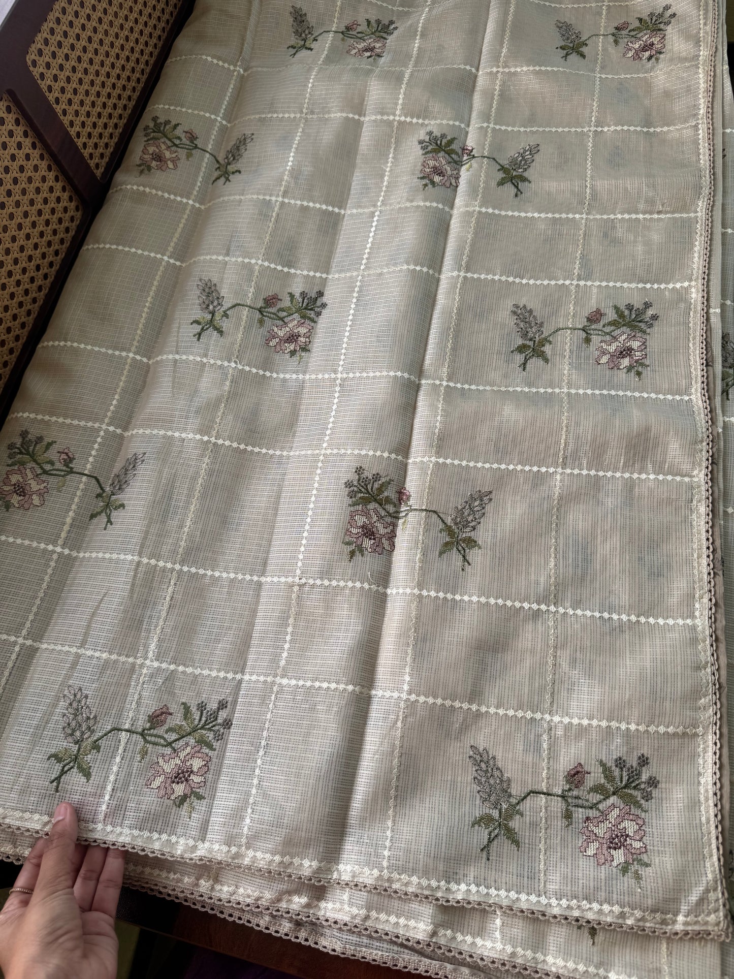 Soft Kota Saree - Halfwhite & Sage Brown