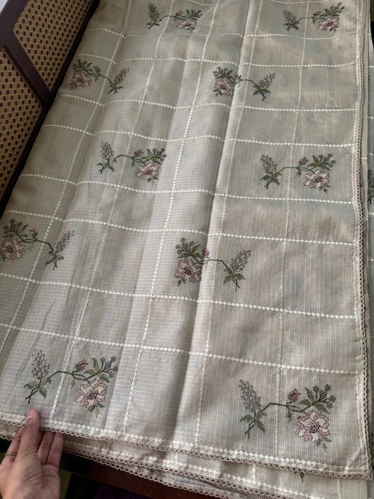 Soft Kota Saree - Halfwhite & Sage Brown