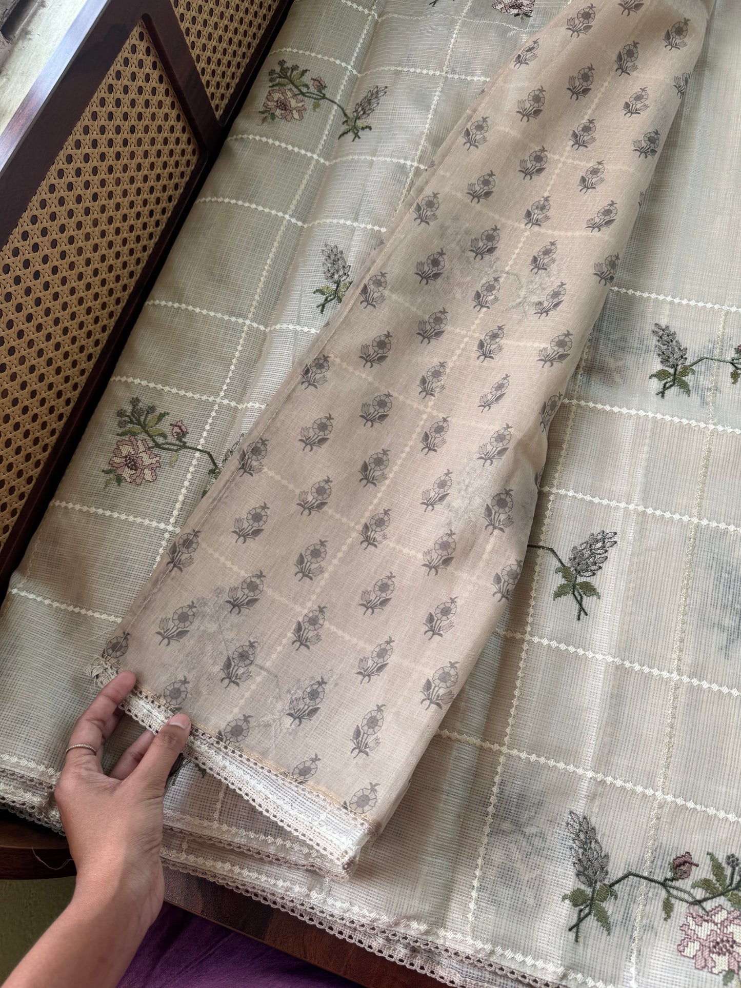 Soft Kota Saree - Halfwhite & Sage Brown