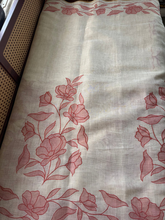 Premium Tissue Linen Sarees with appliqué work -Half White & Orange