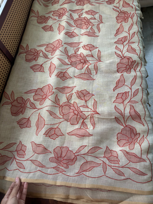 Premium Tissue Linen Sarees with appliqué work -Half White & Orange