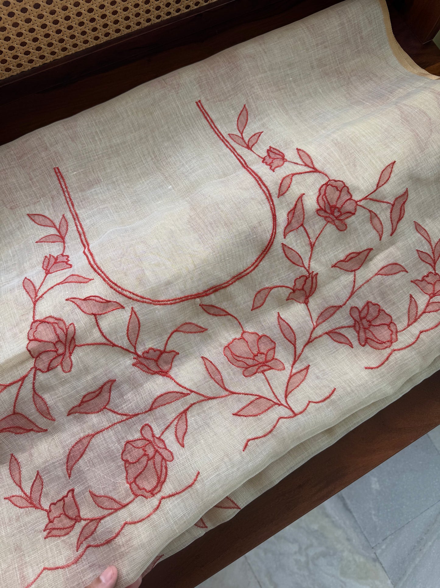 Premium Tissue Linen Sarees with appliqué work -Half White & Orange