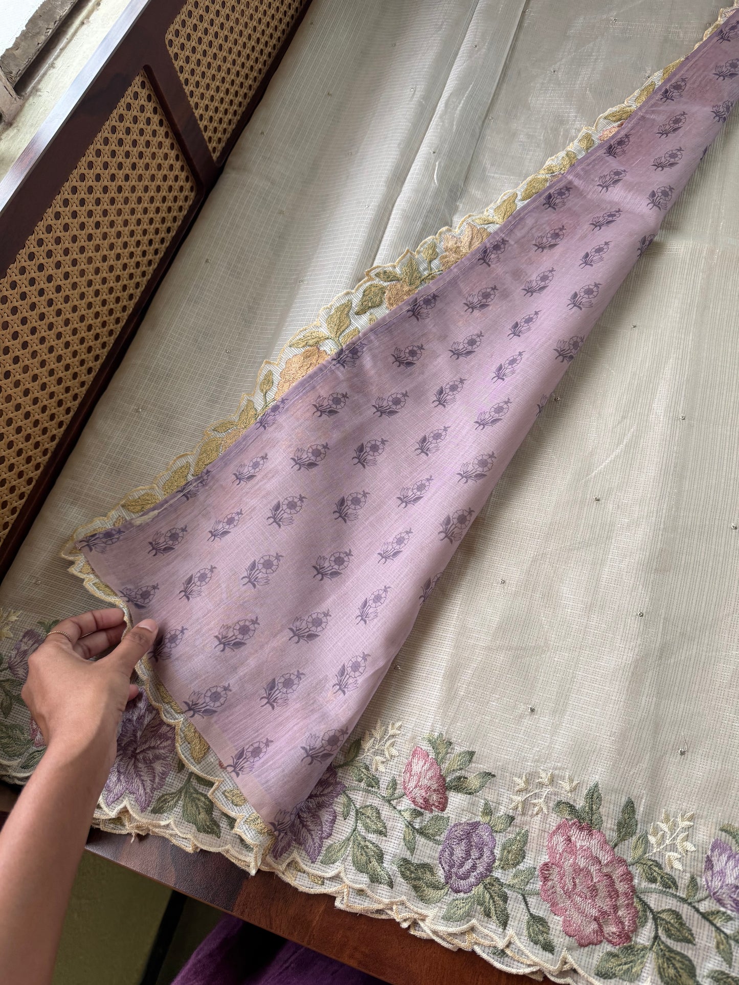 Soft Kota Saree - Halfwhite & Lavender