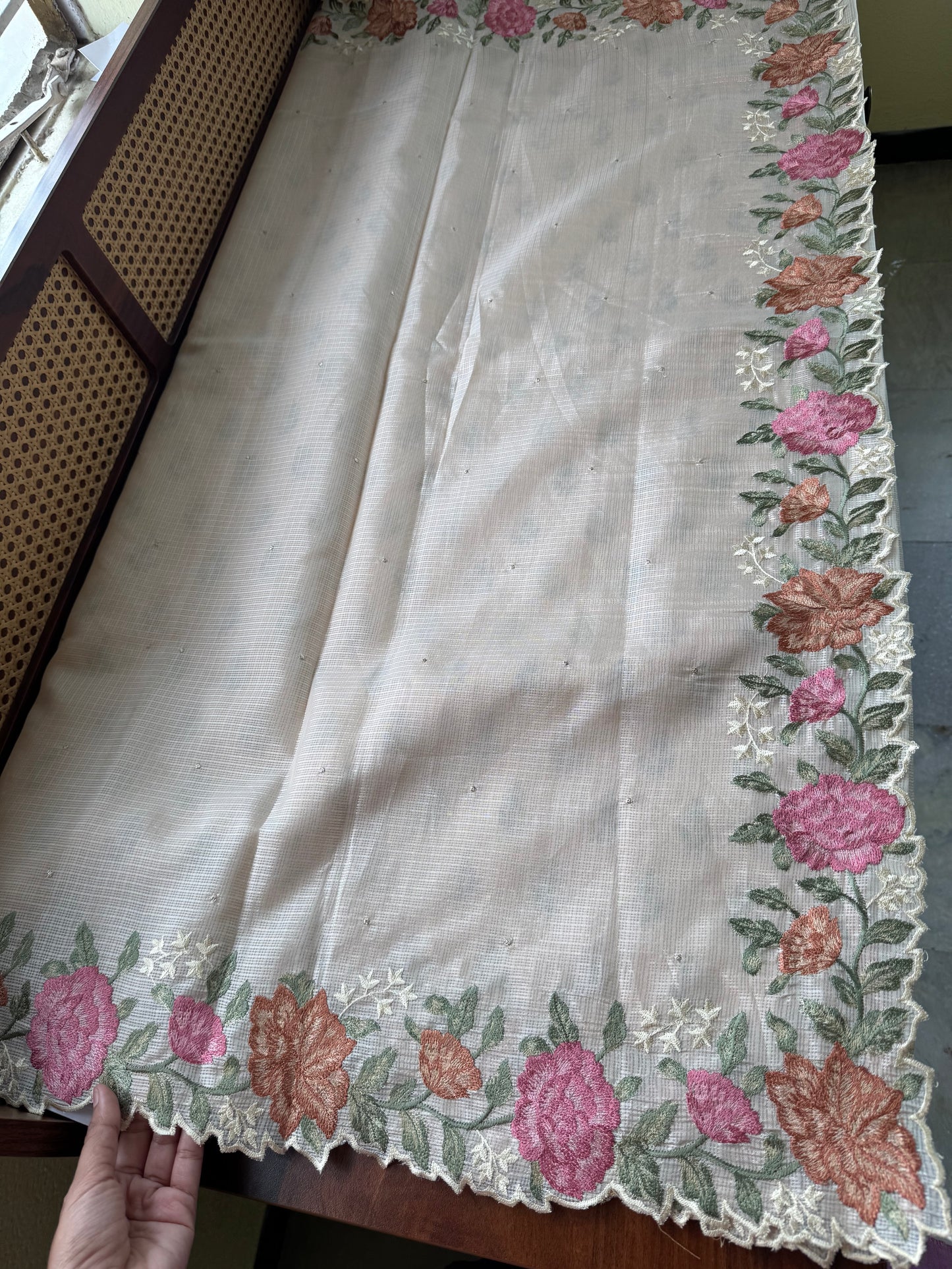 Soft Kota Saree - Halfwhite & Marigold