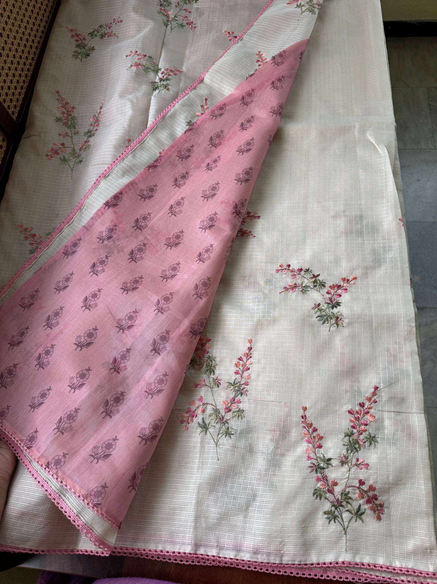 Soft Kota Saree - Halfwhite & Pink