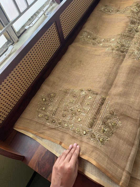 Premium Tissue Linen Sarees with heavy blouse - Henna Green