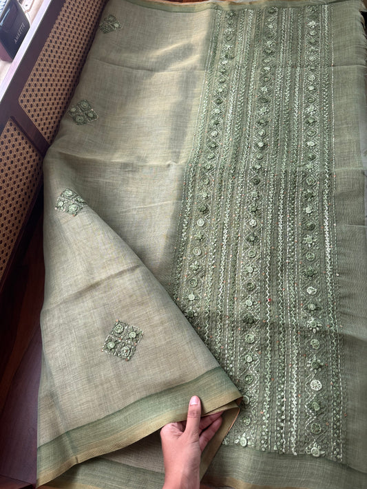 Premium Tissue Linen Sarees with heavy blouse - Green