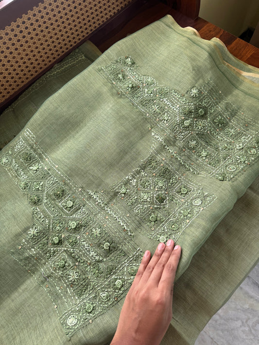 Premium Tissue Linen Sarees with heavy blouse - Green