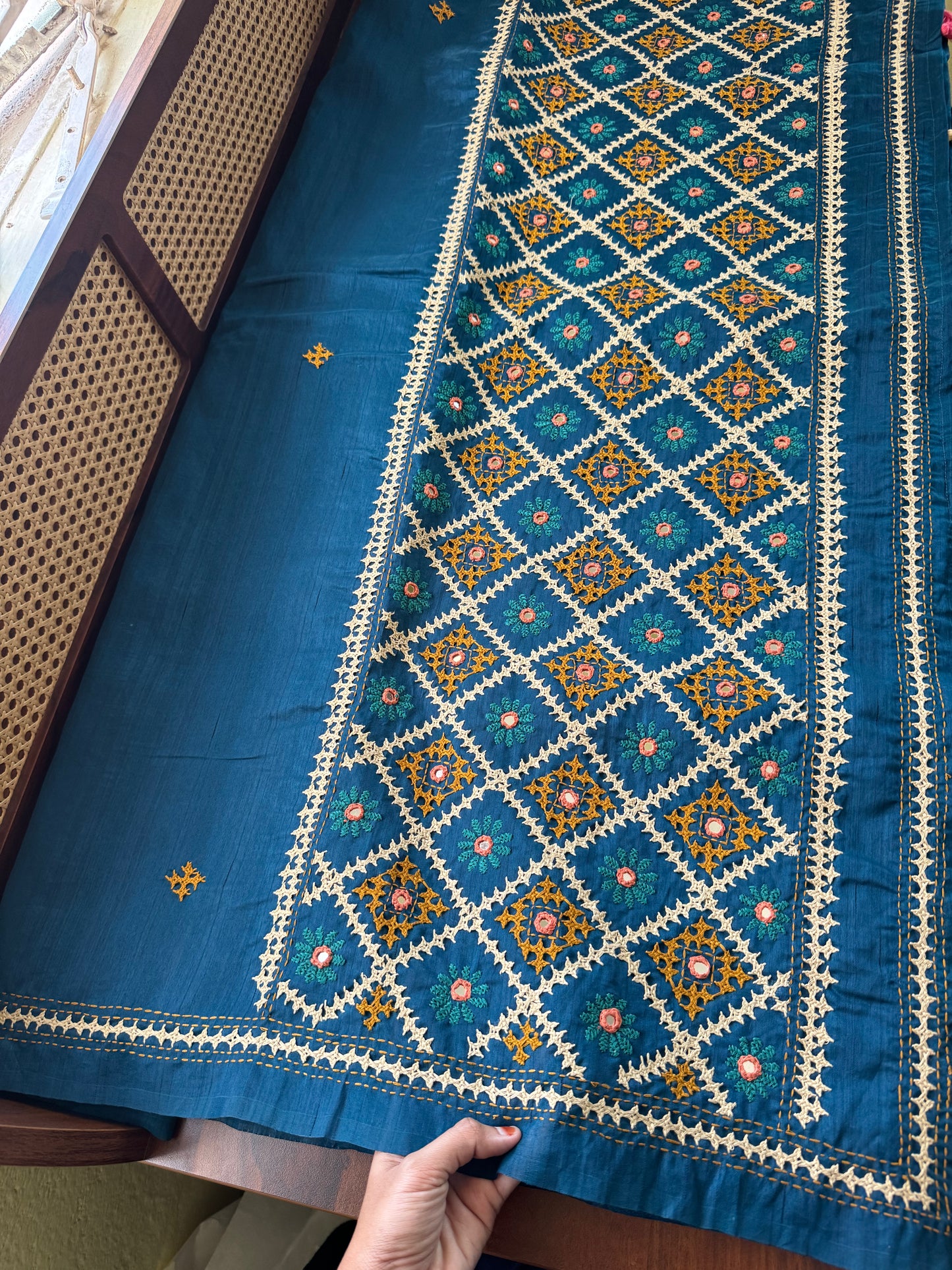 Hand Embroidered Tussar Blend Saree with heavy blouse - Blue