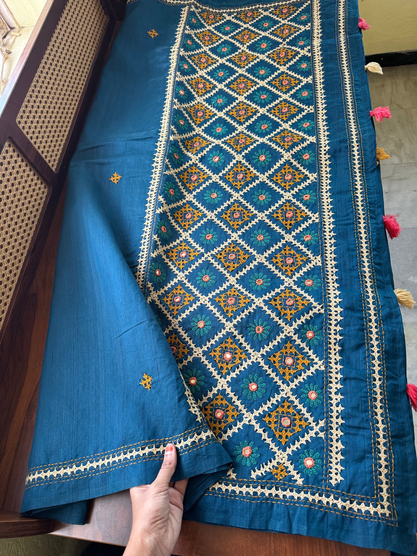 Hand Embroidered Tussar Blend Saree with heavy blouse - Blue