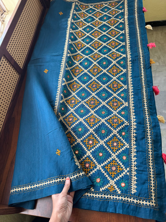 Hand Embroidered Tussar Blend Saree with heavy blouse - Blue