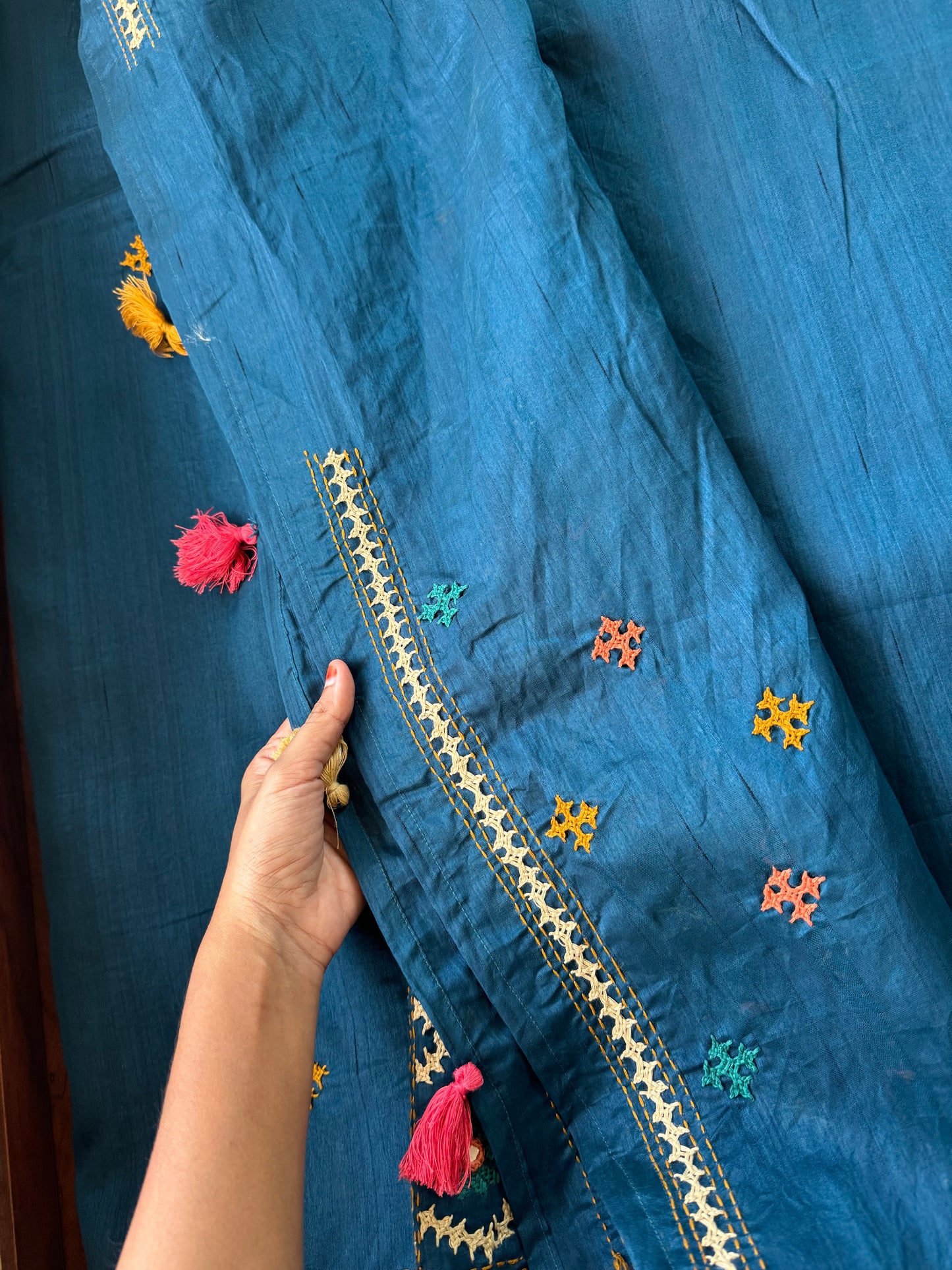 Hand Embroidered Tussar Blend Saree with heavy blouse - Blue