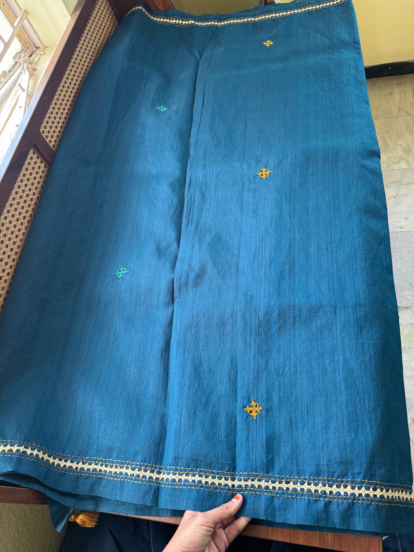 Hand Embroidered Tussar Blend Saree with heavy blouse - Blue