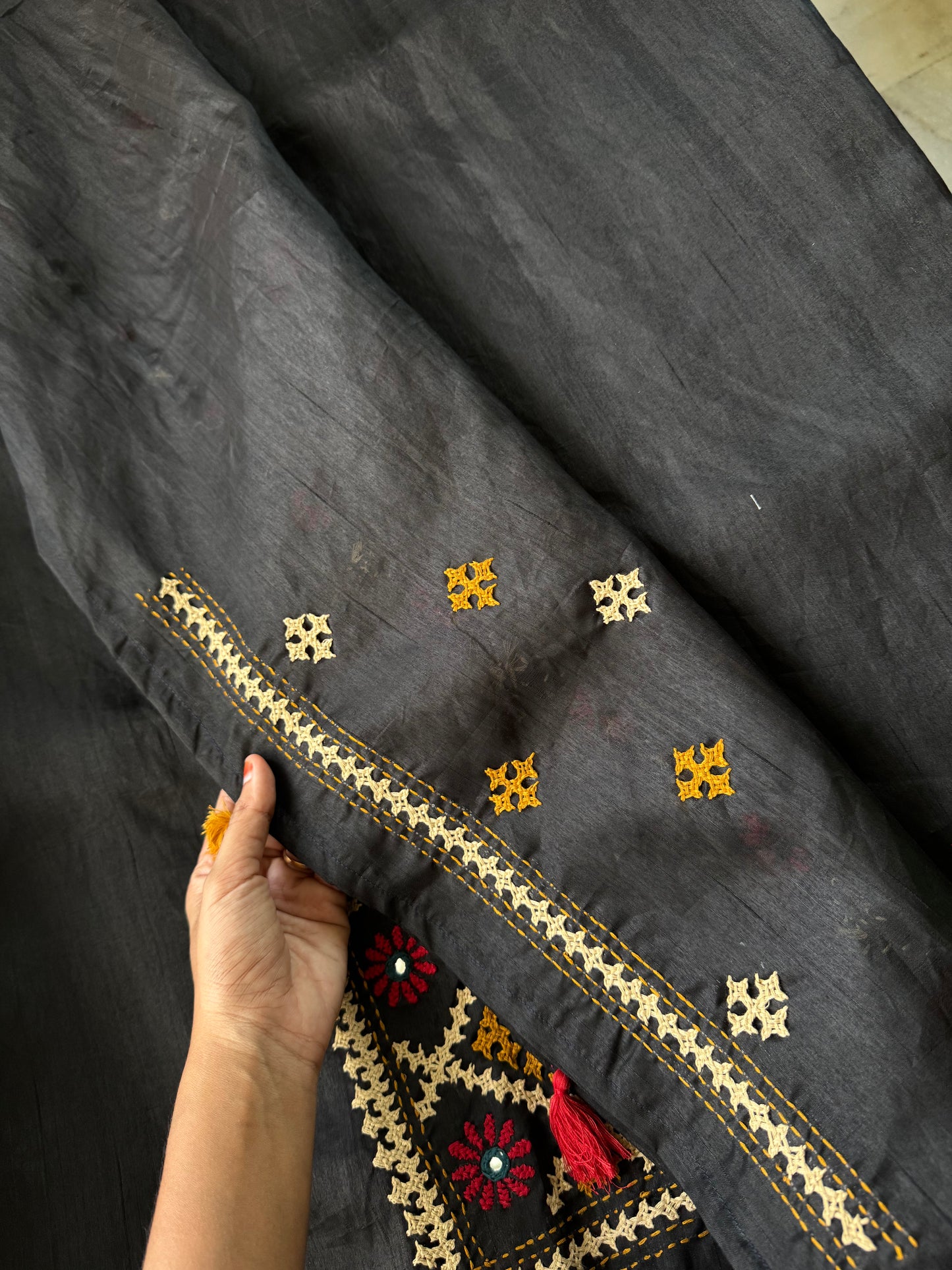 Hand Embroidered Tussar Blend Saree with heavy blouse - Black