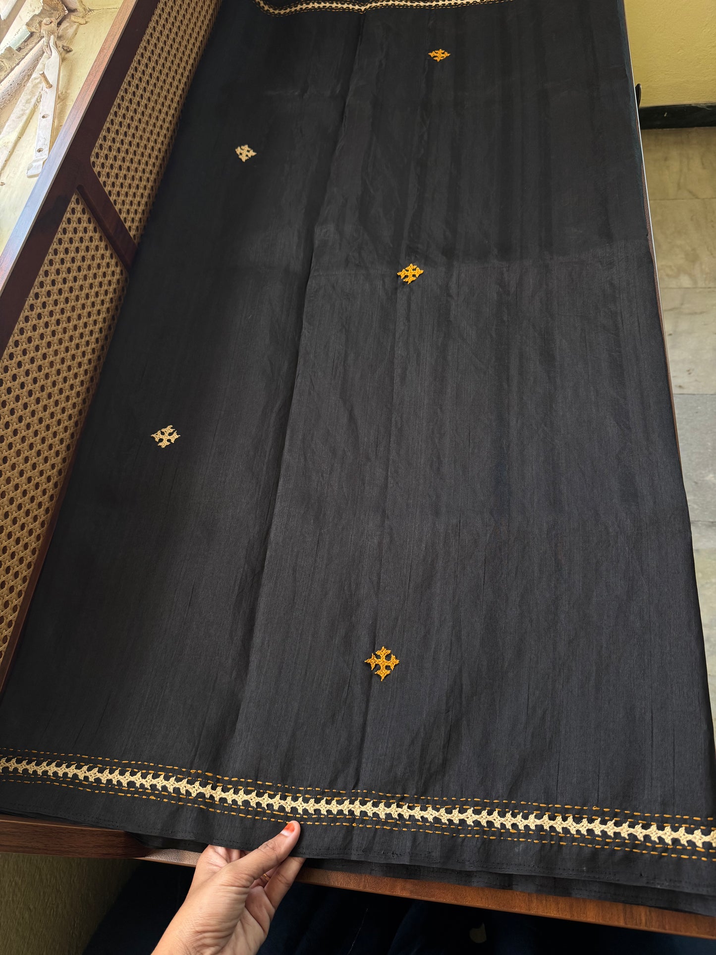 Hand Embroidered Tussar Blend Saree with heavy blouse - Black