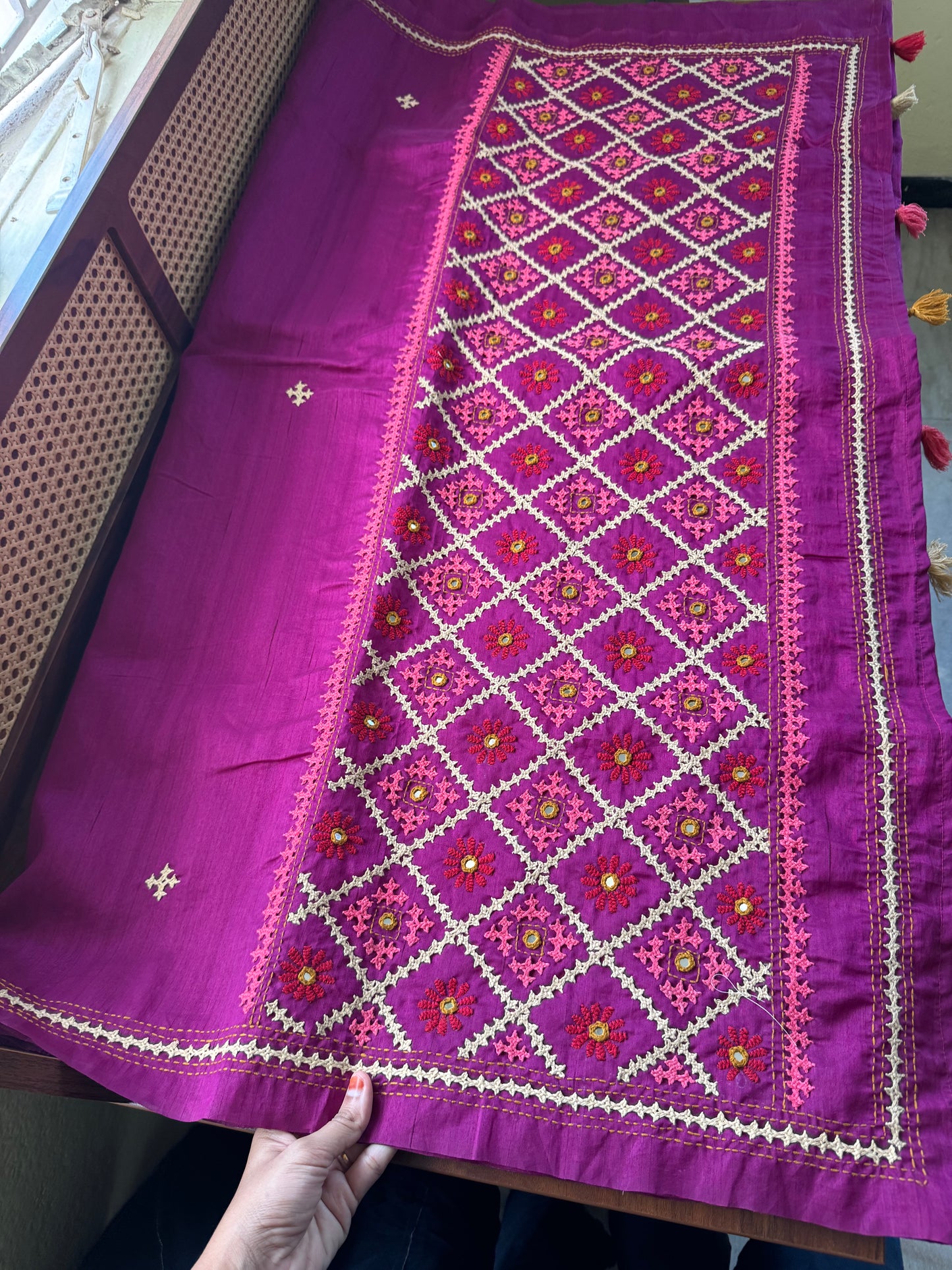 Hand Embroidered Tussar Blend Saree with heavy blouse - Purple