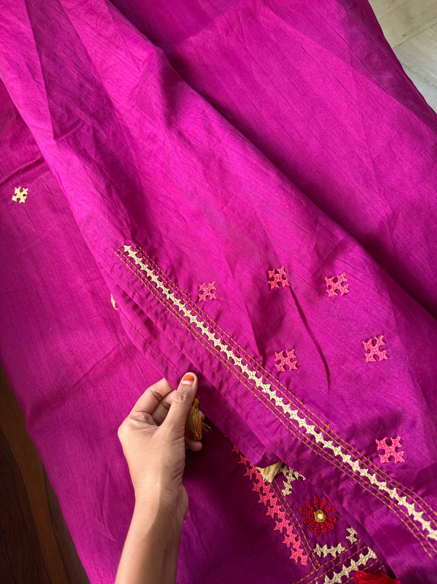 Hand Embroidered Tussar Blend Saree with heavy blouse - Purple