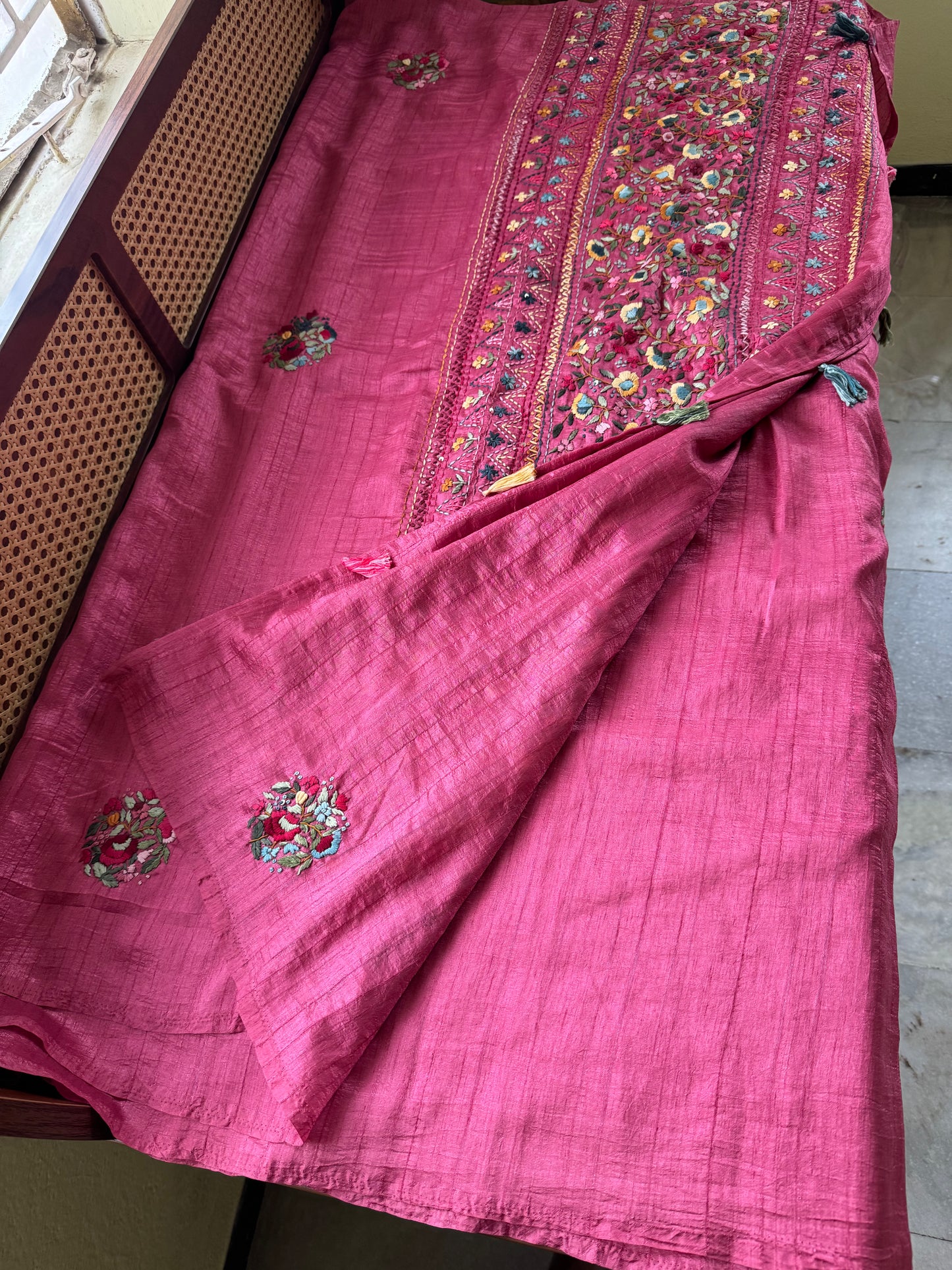 Premium Tussar Blend Saree with Handwork - Pink
