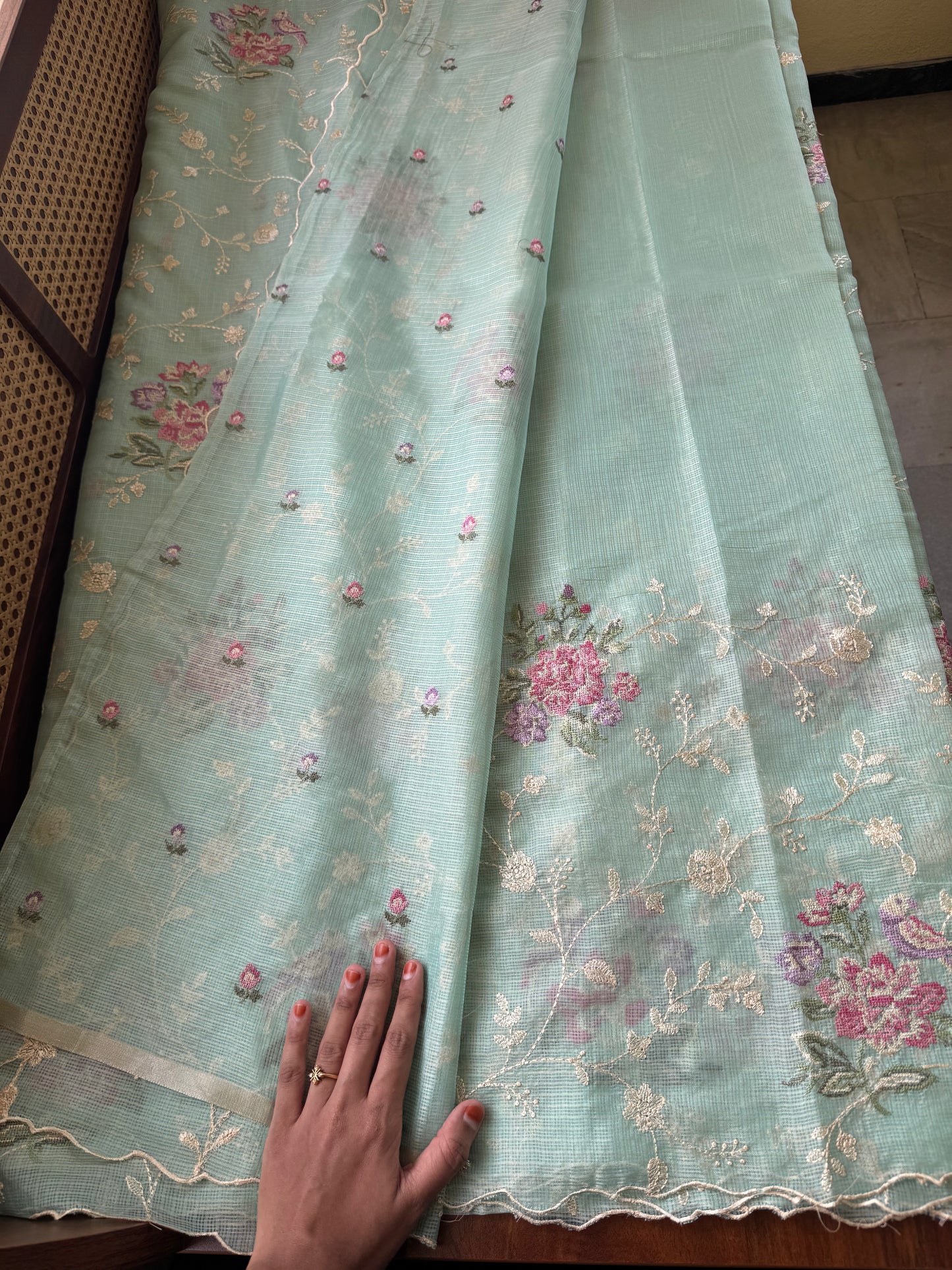 Embroidered Soft Kota Saree - Sea Green