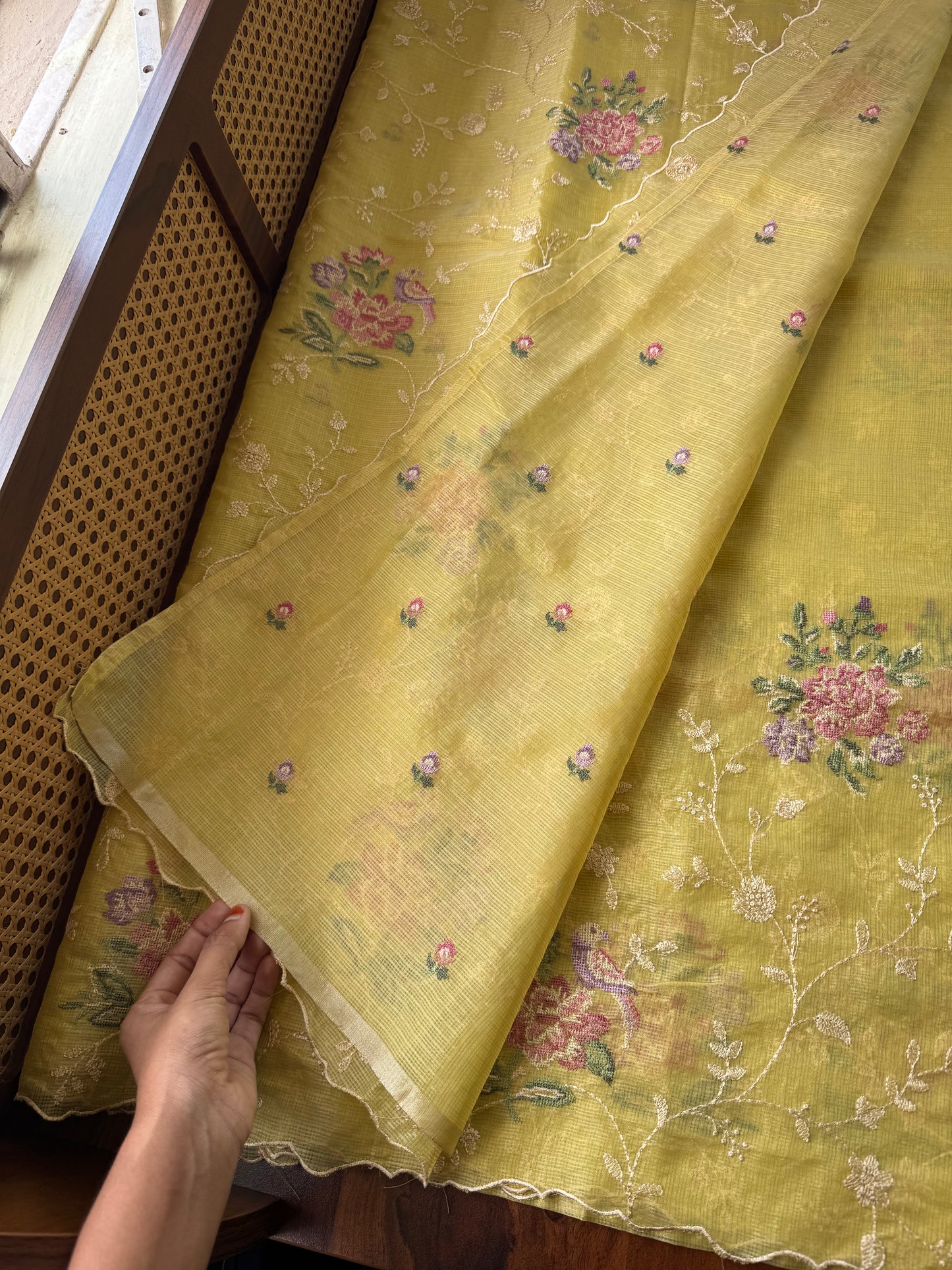 Embroidered Soft Kota Saree - Lime Green