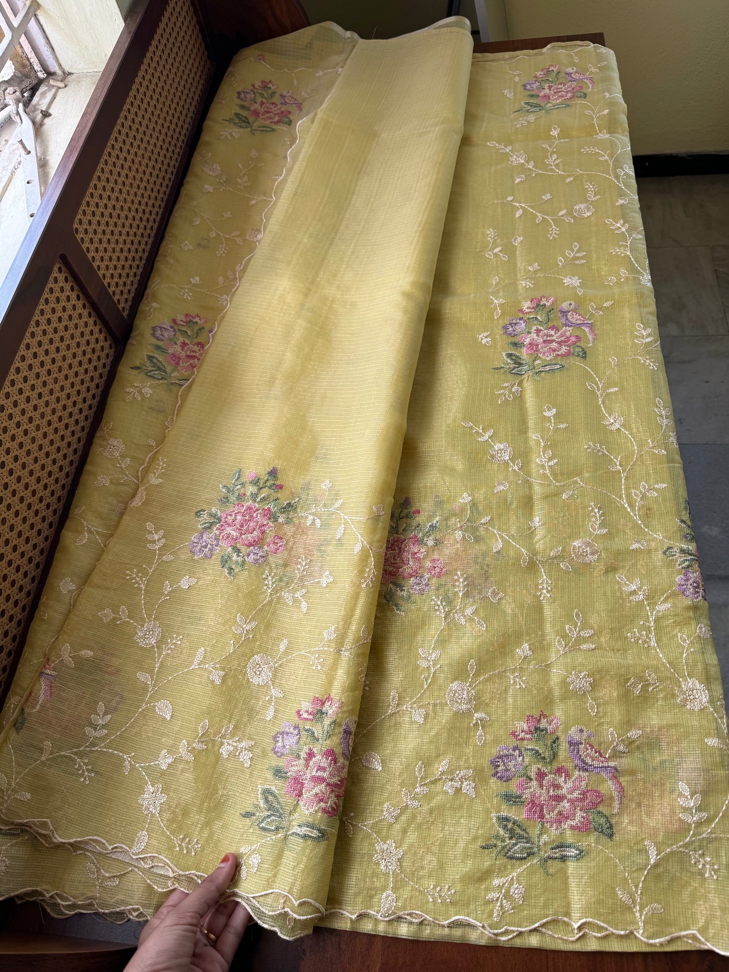 Embroidered Soft Kota Saree - Lime Green