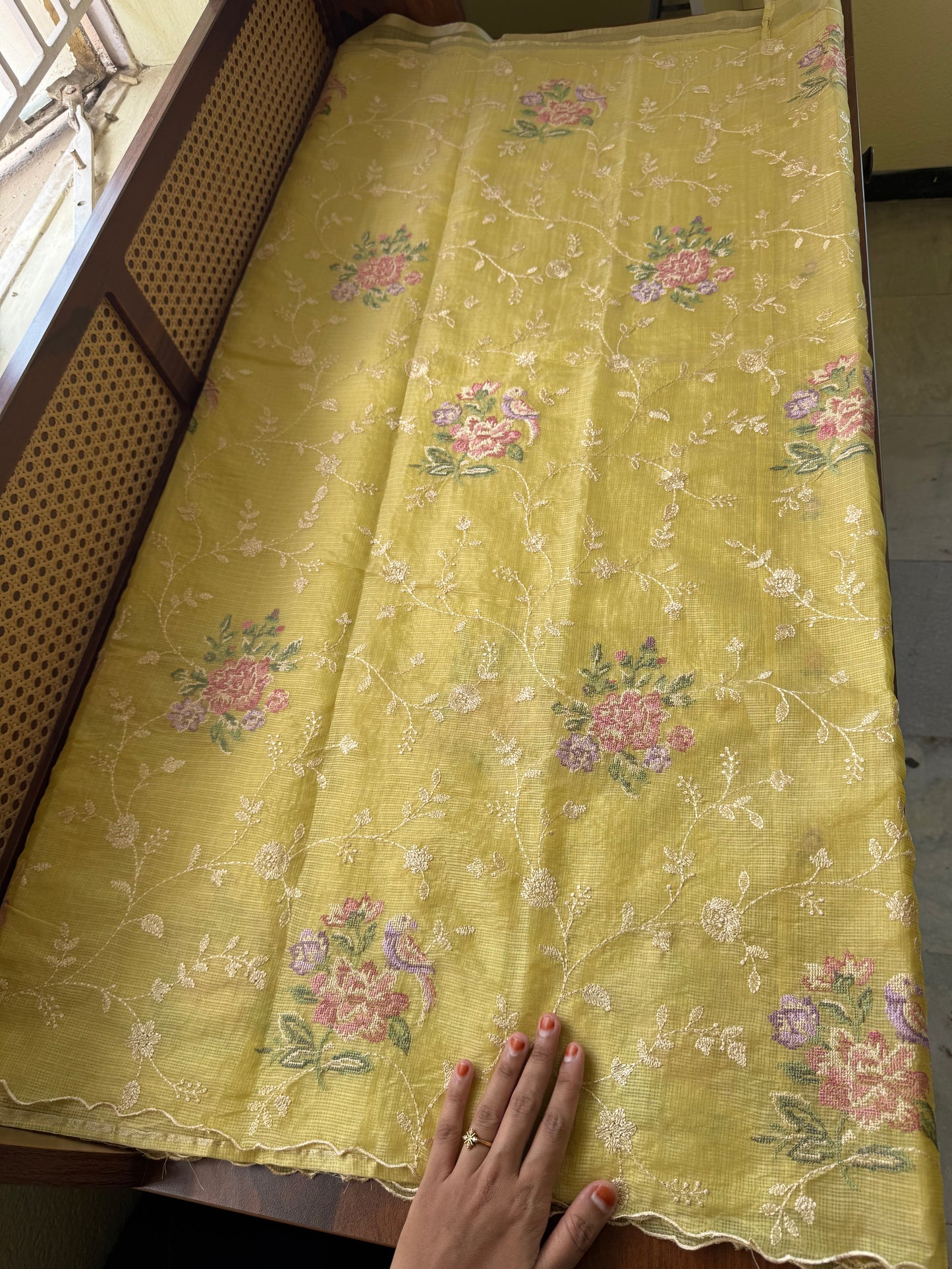 Embroidered Soft Kota Saree - Lime Green