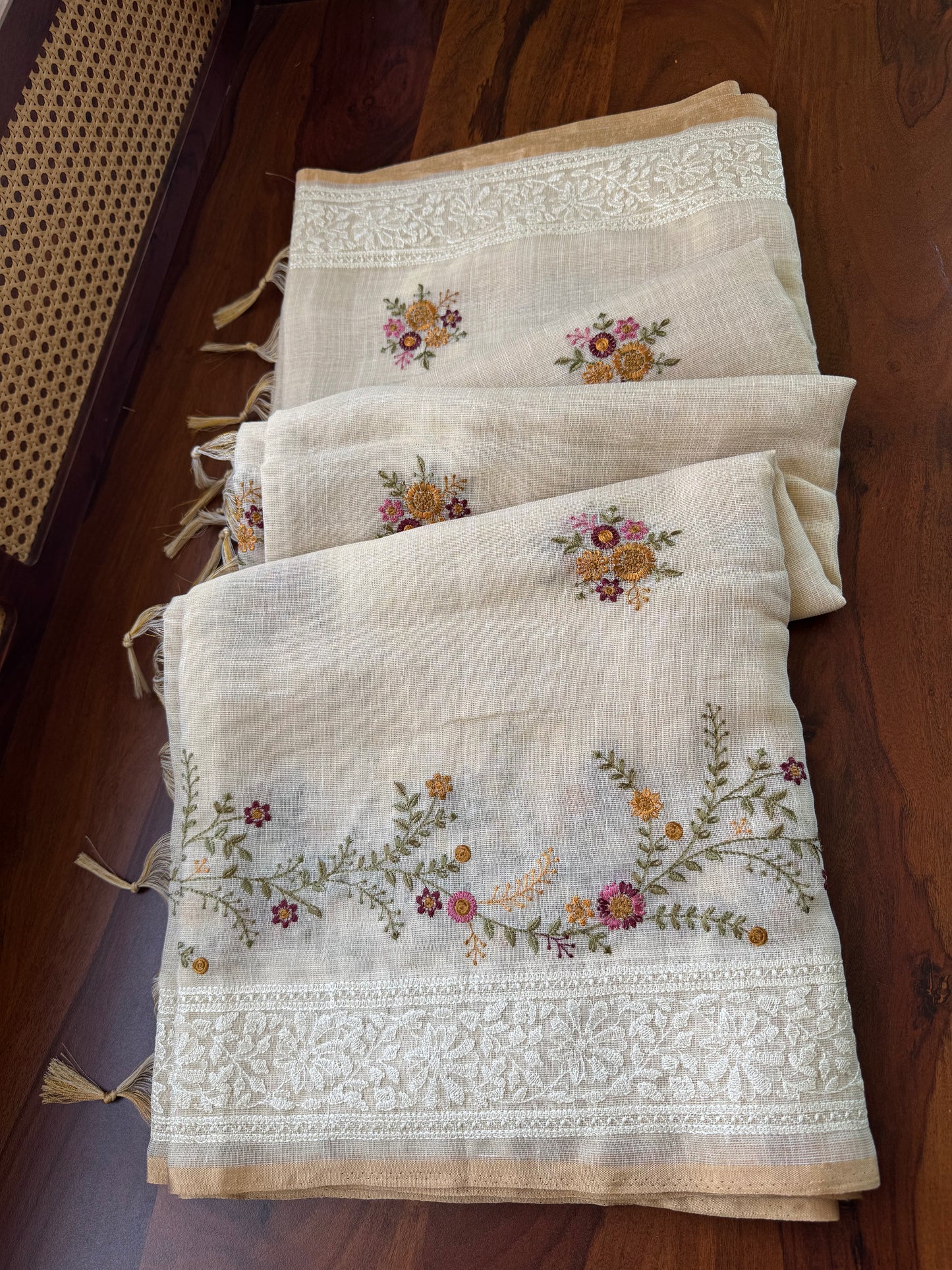 Premium Tissue Linen Sarees -Golden Cream & Pink
