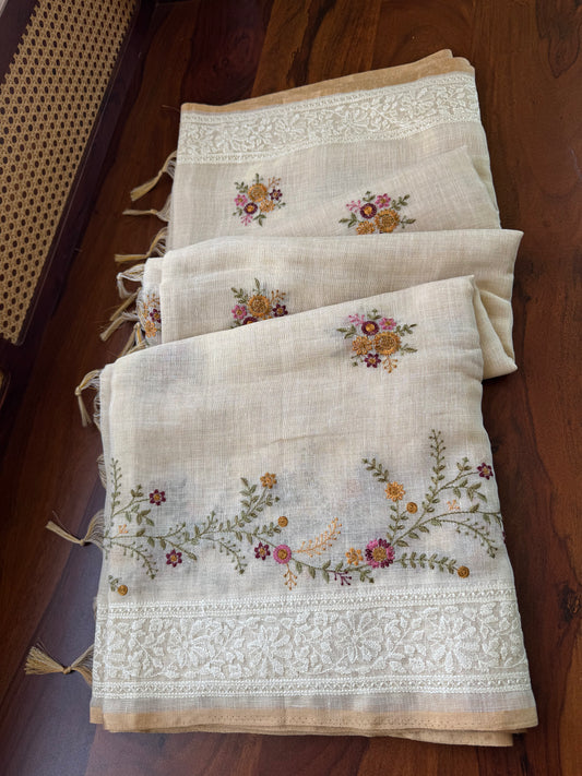 Premium Tissue Linen Sarees -Golden Cream & Pink
