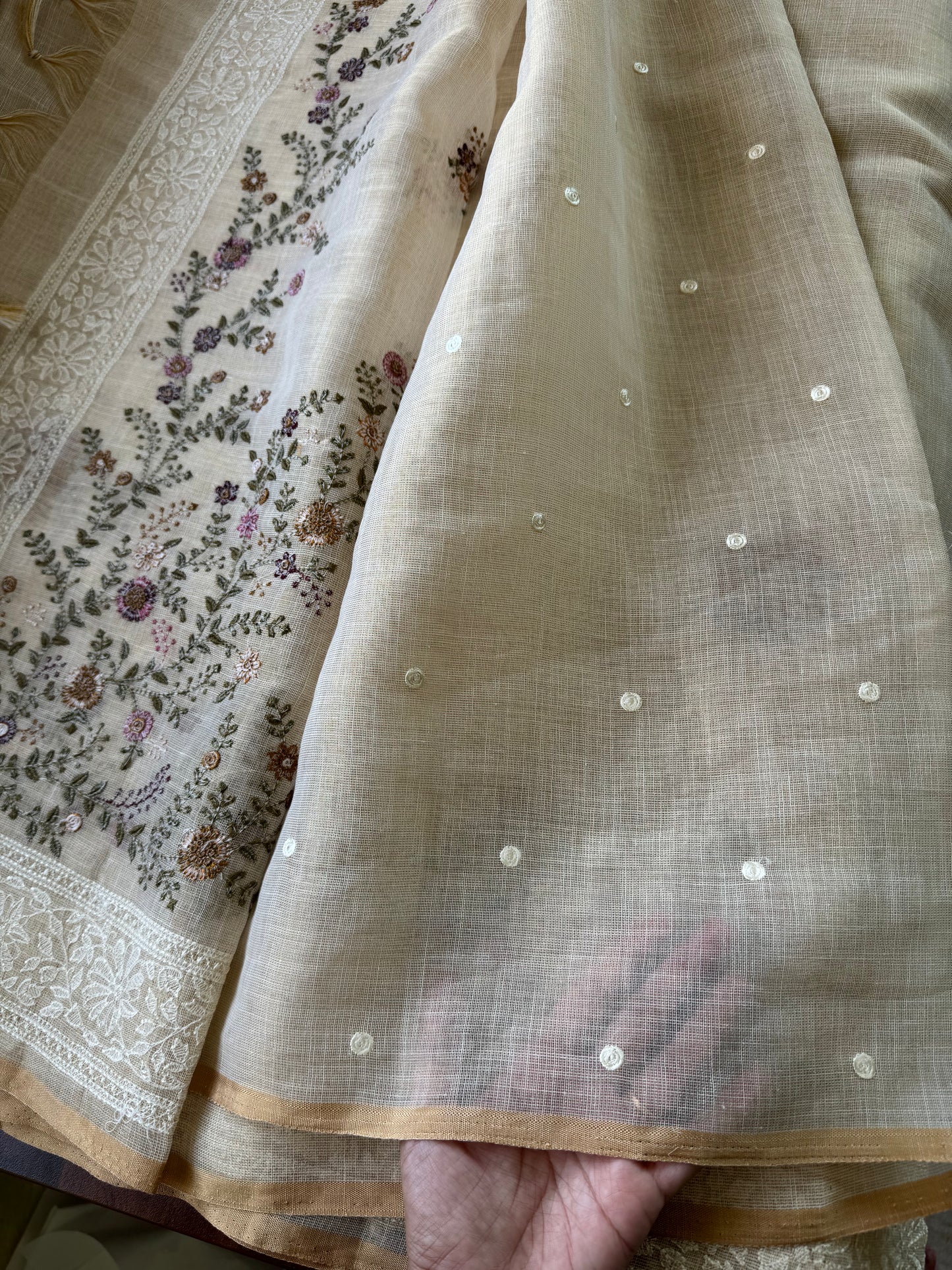 Premium Tissue Linen Sarees -Golden Cream & Pink