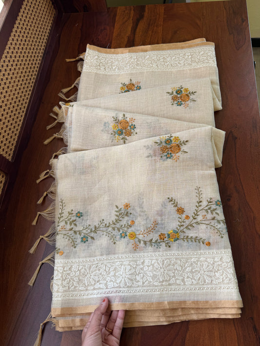 Premium Tissue Linen Sarees -Golden Cream & Marigold