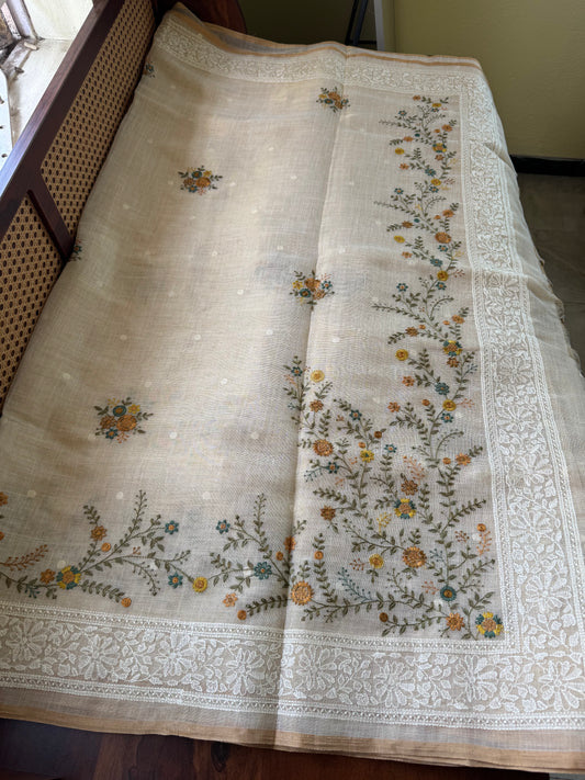 Premium Tissue Linen Sarees -Golden Cream & Marigold