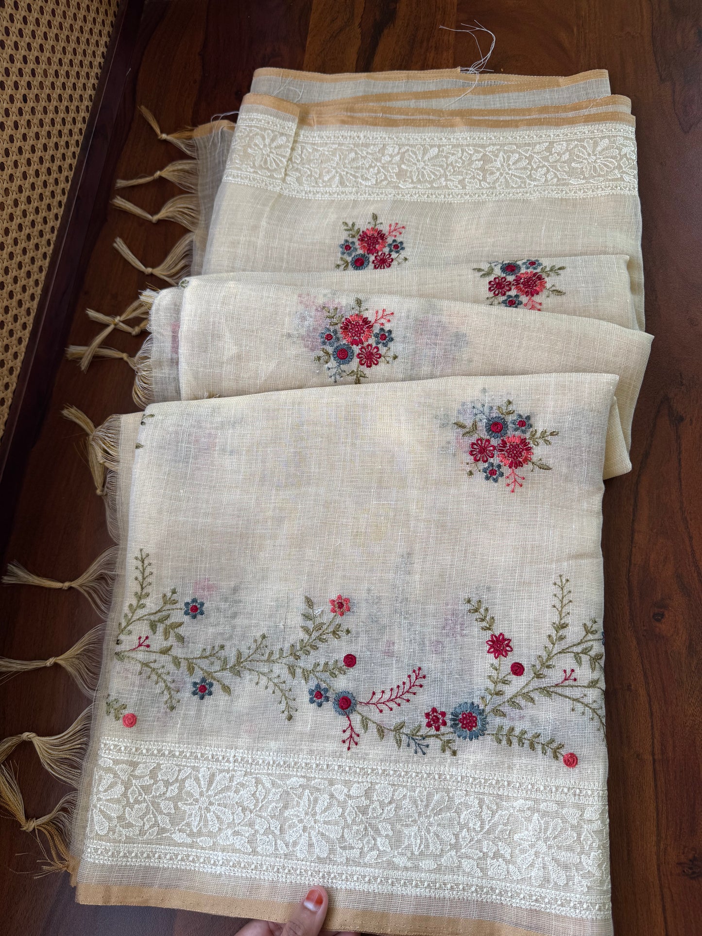Premium Tissue Linen Sarees -Golden Cream & Cherry Red