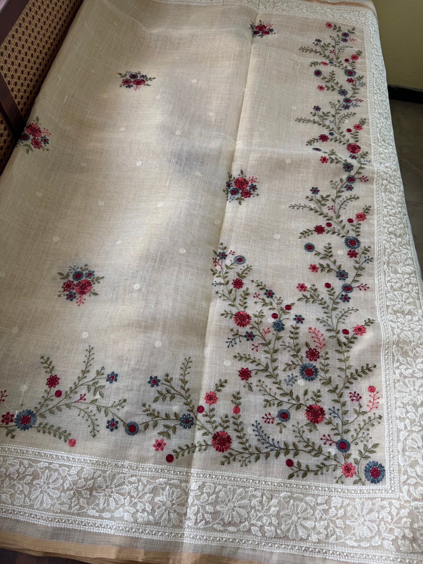 Premium Tissue Linen Sarees -Golden Cream & Cherry Red