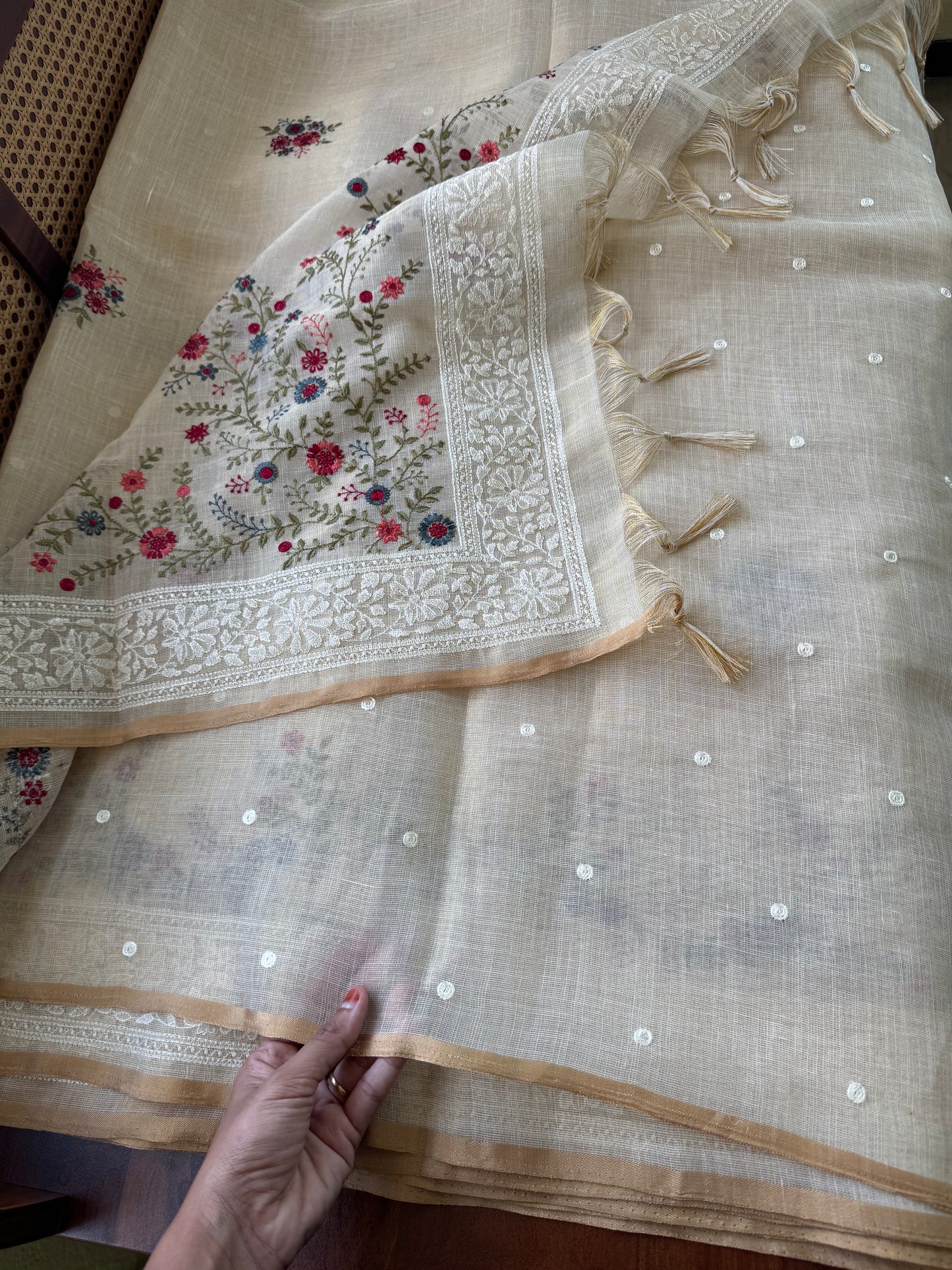 Premium Tissue Linen Sarees -Golden Cream & Cherry Red