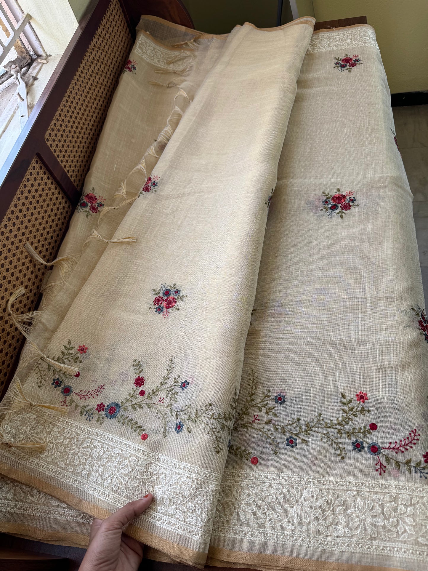 Premium Tissue Linen Sarees -Golden Cream & Cherry Red